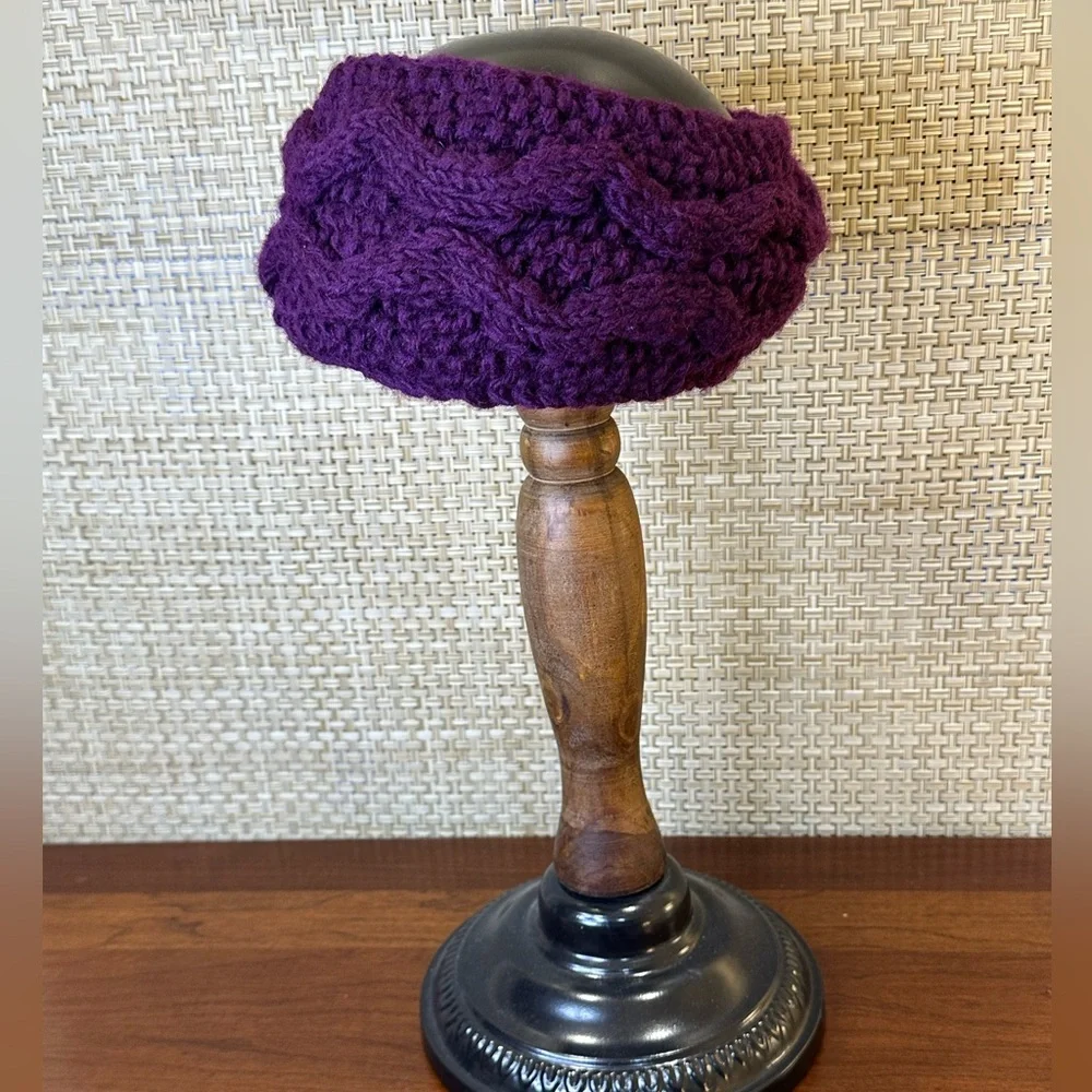 🌟HP🌟Hand-Knitted Aubergine (Purplish) Cable Knit Ear Warmer Nepal - Picture 2 of 7